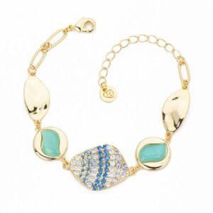 Bracciale catena ed elementi in brass dorato con cat eye aquamarine e centrale con pav di zirconi bluette,lavanda e acqua