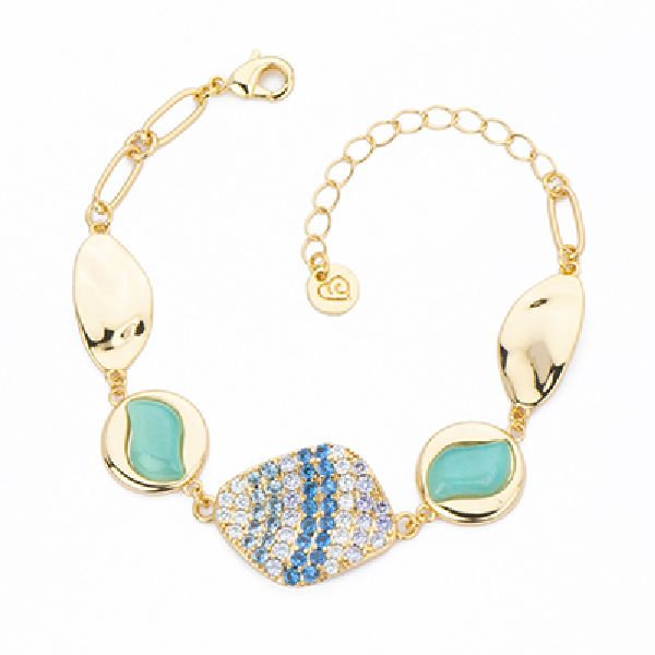 Bracciale catena ed elementi in brass dorato con cat eye aquamarine e centrale con pav di zirconi bluette,lavanda e acqua