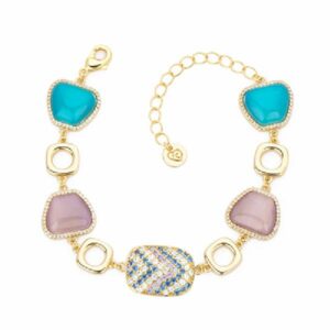 Bracciale elementi in brass dorato alternati a cat eye bluette e tanzanite con centrale in pavè di
zirconi multi blu - Misura Regolabile