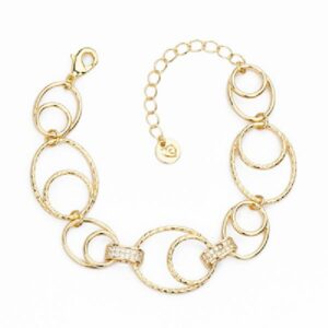 Bracciale elementi ovali assemblati a mano in brass dorato liscio e diamantato alternato con link in pavé di zirconi clear - Misura Regolabile