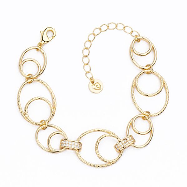 Bracciale elementi ovali assemblati a mano in brass dorato liscio e diamantato alternato con link in pavé di zirconi clear - Misura Regolabile