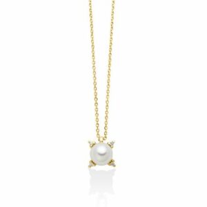 Collana con perla Oriente incorniciata da quattro diamanti in oro giallo 375