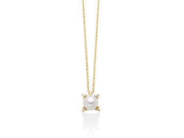 Collana con perla Oriente incorniciata da quattro diamanti in oro giallo 375