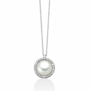 Collana con perla Oriente bottone circondata di oro bianco 375 e diamanti