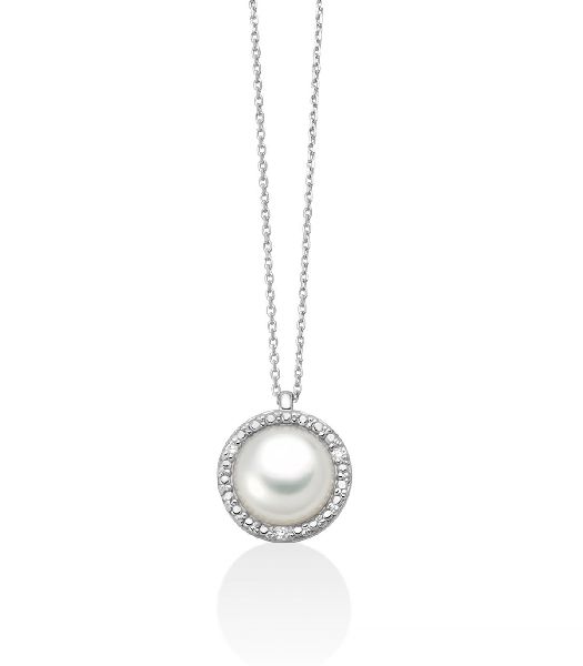 Collana con perla Oriente bottone circondata di oro bianco 375 e diamanti