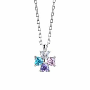 COLLANA BAMBINA IN ACCIAIO CON QUADRIFOGLIO CON ZIRCONI MULTICOLOR