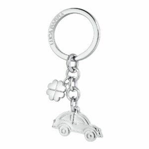 PORTACHIAVI DONNA IN ACCIAIO, MACCHINETTA CON CHARM QUADRIFOGLIO