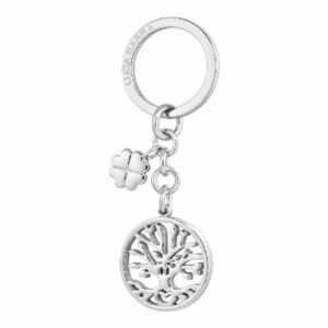 PORTACHIAVI DONNA IN ACCIAIO, ALBERO DELLA VITA CON CHARM QUADRIFOGLIO