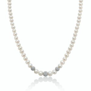 Collana di perle Oriente a scalare con tre sfere in oro bianco diamantate