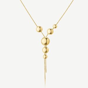 Collana a y in acciaio 316L e finitura pvd oro 14K, con dischi convessi.