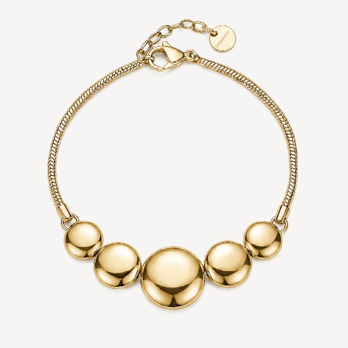 Bracciale in acciaio 316L e finitura pvd oro 14K, con dischi convessi.