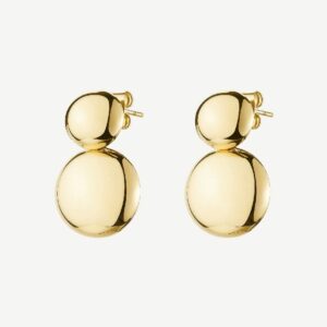 Orecchini pendenti in acciaio 316L e finitura pvd oro 14K, con dischi convessi.