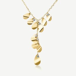 Collana girocollo in acciaio 316L e finitura pvd oro 14K, con pendenti e cristalli.