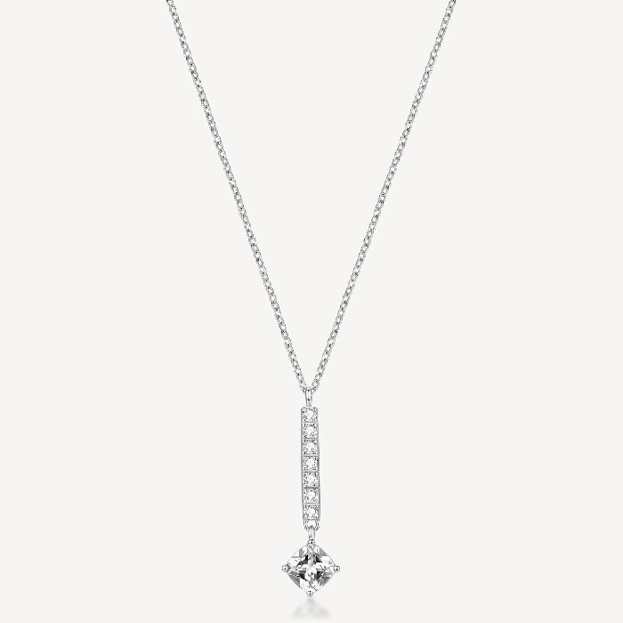 Collana girocollo in acciaio 316L con pendente a barretta e cubic zirconia bianco cushion.