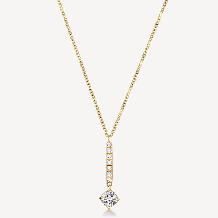 Collana girocollo in acciaio 316L e finitura pvd oro 14K, con pendente a barretta e cushion cubic zirconia.