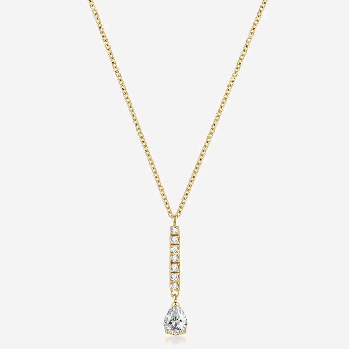 Collana girocollo in acciaio 316L e finitura pvd oro 14K, con pendente a barretta e pear cubic zirconia.