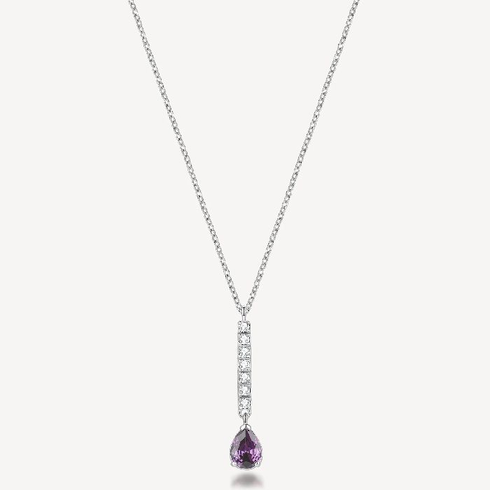 Collana girocollo in acciaio 316L con pendente a barretta e pear cubic zirconia colore ametista.