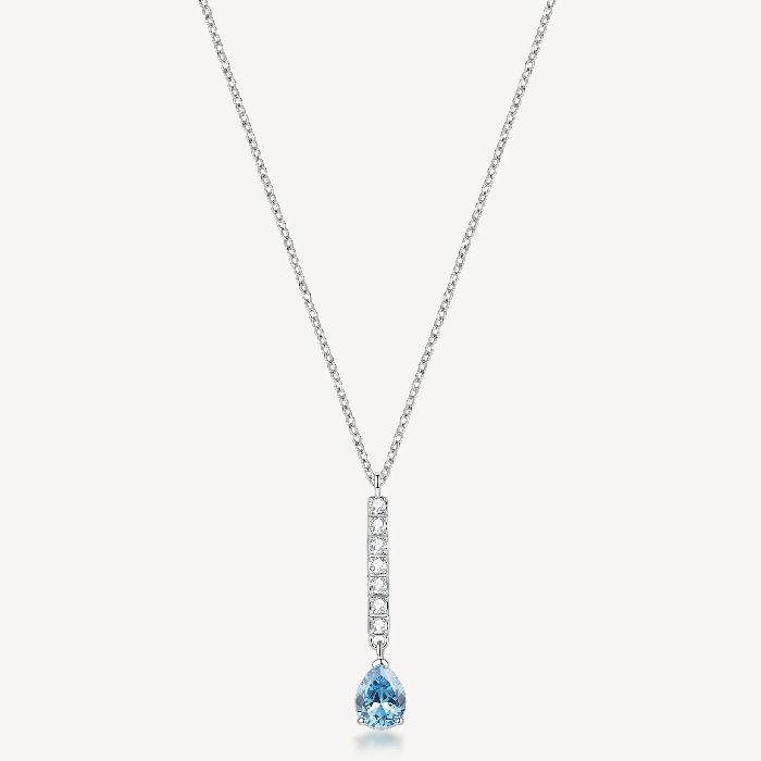 Collana girocollo in acciaio 316L con pendente a barretta e pear cubic zirconia colore acquamarina.