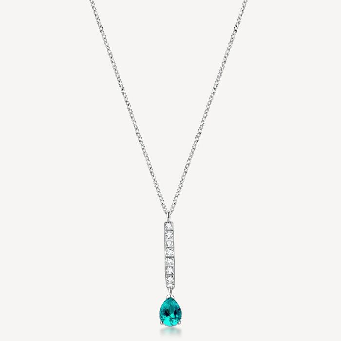 Collana girocollo in acciaio 316L con pendente a barretta e pear cubic zirconia colore paraiba.