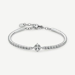 Bracciale semirigido in acciaio 316L con cubic zirconia ed elemento centrale cushion cubic zirconia.