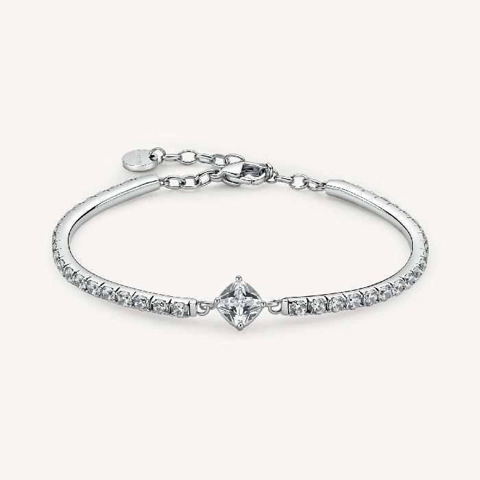 Bracciale semirigido in acciaio 316L con cubic zirconia ed elemento centrale cushion cubic zirconia.