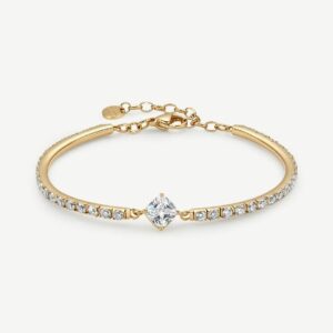 Bracciale semirigido in acciaio 316L e finitura pvd oro 14K, con cubic zirconia ed elemento centrale cushion cubic zirconia.