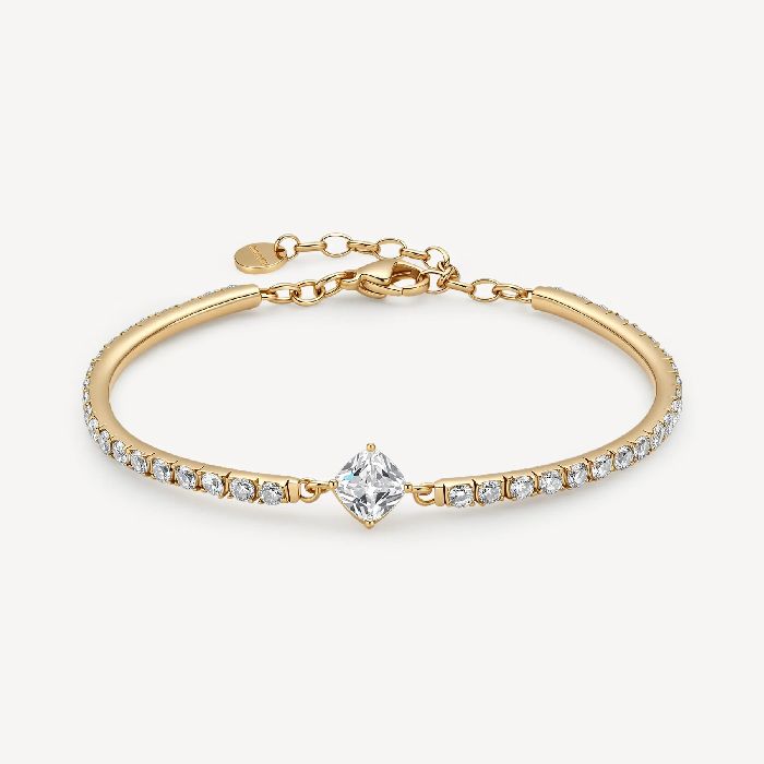 Bracciale semirigido in acciaio 316L e finitura pvd oro 14K, con cubic zirconia ed elemento centrale cushion cubic zirconia.
