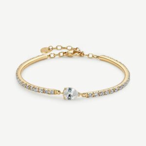 Bracciale semirigido in acciaio 316L e finitura pvd oro 14K, con cubic zirconia ed elemento centrale pear cubic zirconia.