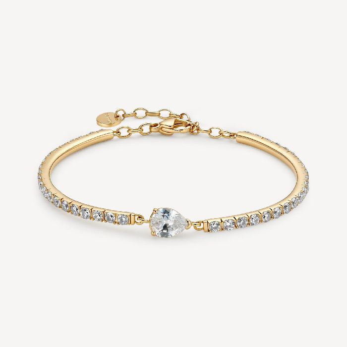 Bracciale semirigido in acciaio 316L e finitura pvd oro 14K, con cubic zirconia ed elemento centrale pear cubic zirconia.