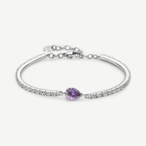 Bracciale semirigido in acciaio 316L con cubic zirconia chiari ed elemento centrale pear cubic zirconia colore ametista.