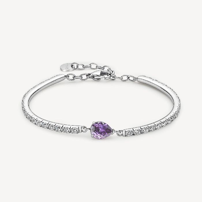 Bracciale semirigido in acciaio 316L con cubic zirconia chiari ed elemento centrale pear cubic zirconia colore ametista.
