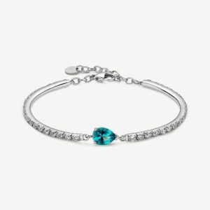 Bracciale semirigido in acciaio 316L con cubic zirconia chiari ed elemento centrale pear cubic zirconia colore paraiba.