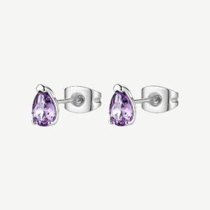 Orecchini a lobo in acciaio 316L con pear cubic zirconia colore ametista.