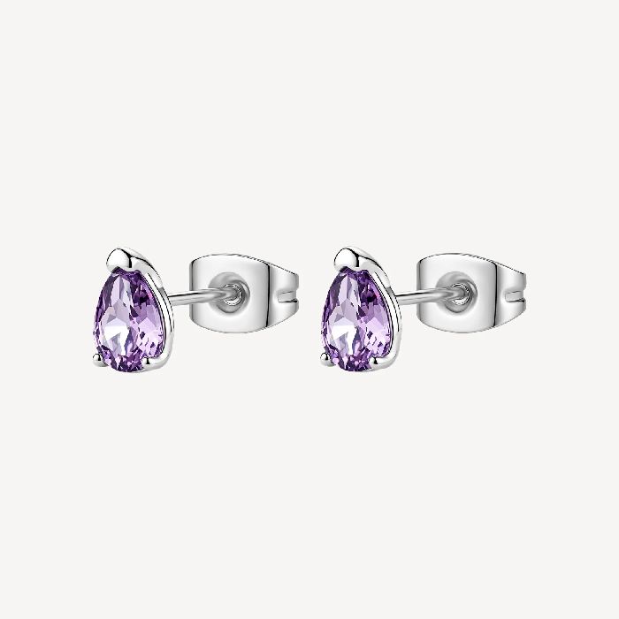 Orecchini a lobo in acciaio 316L con pear cubic zirconia colore ametista.