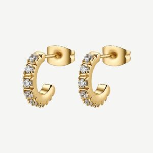 Orecchini a cerchietto in acciaio 316L e finitura pvd oro 14K con cubic zirconia.