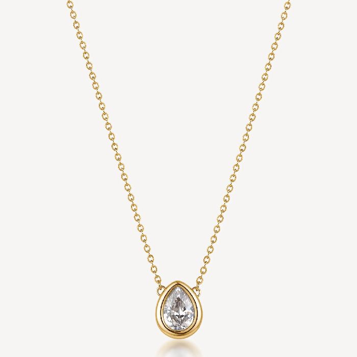 Collana girocollo in acciaio 316L e finitura pvd oro 14K, con pendente centrale a goccia e cubic zirconia.