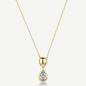 Collana girocollo in acciaio 316L e finitura pvd oro 14K, con pendente centrale a goccia e cubic zirconia.