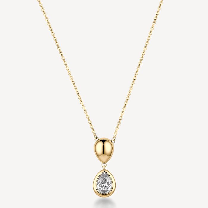 Collana girocollo in acciaio 316L e finitura pvd oro 14K, con pendente centrale a goccia e cubic zirconia.