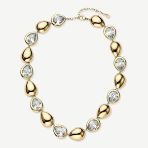 Collana girocollo in acciaio 316L e finitura pvd oro 14K, con elementi a goccia e cubic zirconia.