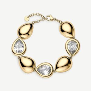 Bracciale in acciaio 316L e finitura pvd oro 14K, con elementi a goccia e cubic zirconia.