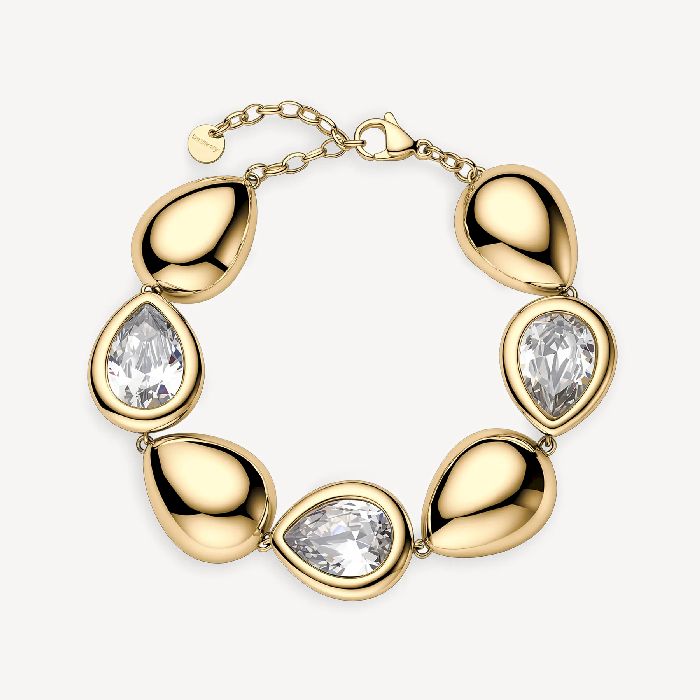 Bracciale in acciaio 316L e finitura pvd oro 14K, con elementi a goccia e cubic zirconia.