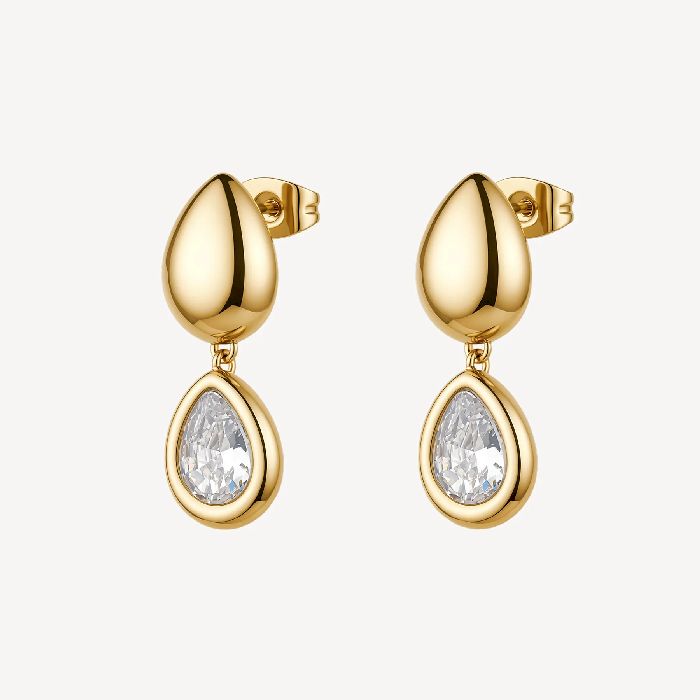 Orecchini pendenti in acciaio 316L e finitura pvd oro 14K, con elementi a goccia e cubic zirconia.