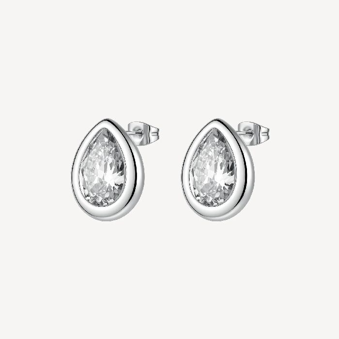 Orecchini a lobo in acciaio 316L, con elementi a goccia e cubic zirconia.