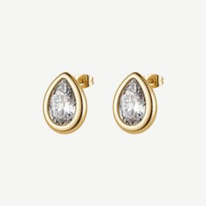 Orecchini a lobo in acciaio 316L e finitura pvd oro 14K, con elementi a goccia e cubic zirconia.