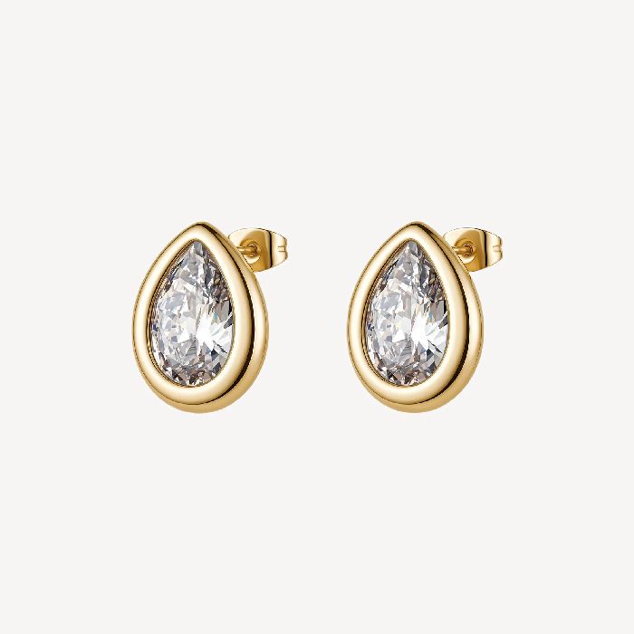 Orecchini a lobo in acciaio 316L e finitura pvd oro 14K, con elementi a goccia e cubic zirconia.