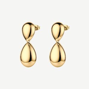 Orecchini pendenti in acciaio 316L e finitura pvd oro 14K, con elementi a goccia.