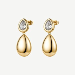Orecchini pendenti in acciaio 316L e finitura pvd oro 14K, con elementi a goccia e cubic zirconia.
