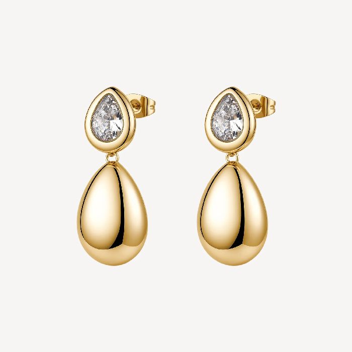 Orecchini pendenti in acciaio 316L e finitura pvd oro 14K, con elementi a goccia e cubic zirconia.
