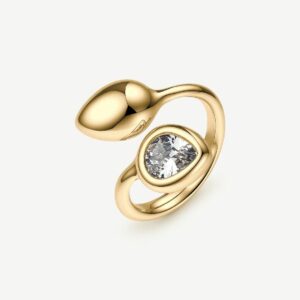 Anello contrari&eacute; in acciaio 316L e finitura pvd oro 14K, con elementi a goccia e cubic zirconia.