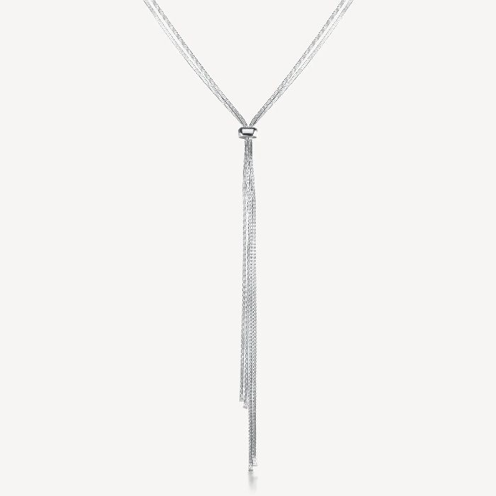 Collana lunga a y in acciaio 316L, con catene a snake ed elemento scorrevole.